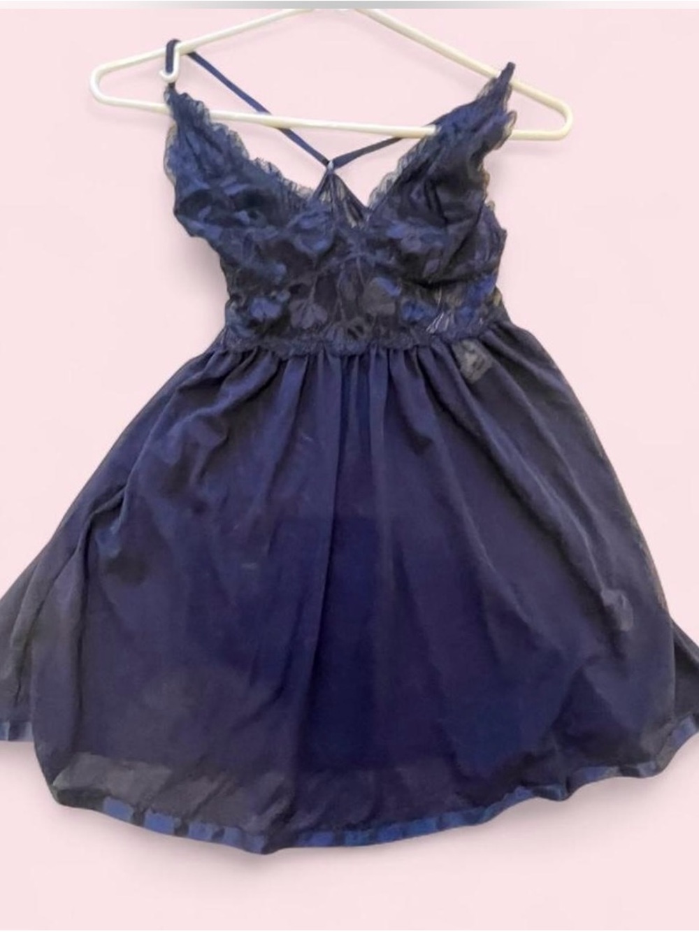 NWT sheer Navy Blue La Vie En Rose baby doll negligee with lace trim in size S